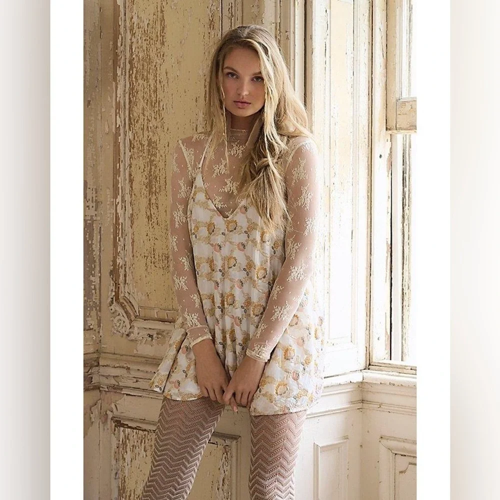 FREE PEOPLE CHIARA PLAYSUIT FLORAL EMBROIDERY PINK , CREAM AND GOLD ROMPER